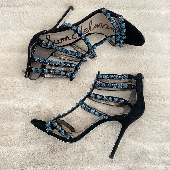 Sam Edelman Studded Gladiator Black Turquoise Strappy Sandals Heels Size 8.5 - Picture 8 of 15